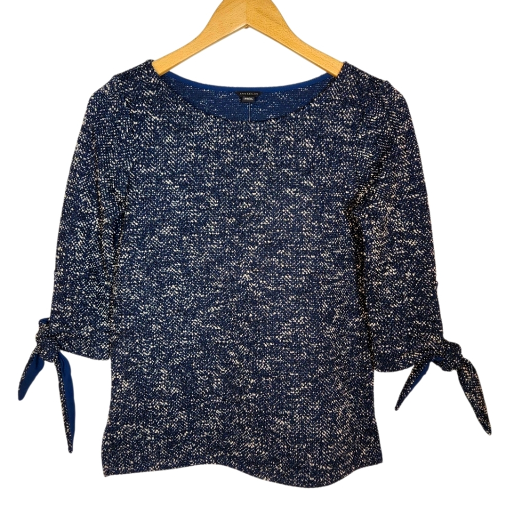Ann Taylor Tweed Top Navy Blue White Bow Tie 3/4 Sleeve Preppy Classic Luxury XS